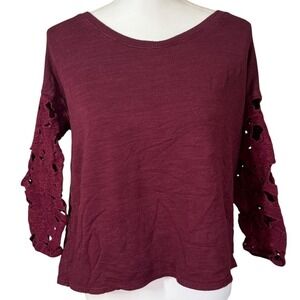 American Eagle Burgundy Long Sleeve Top with Crochet Cutout Sleeves Women's M
